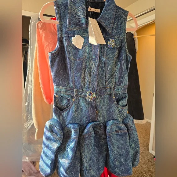 AREA NYC Fur Printed Godet Mini Dress Indigo Multi – size 4 NWT - Picture 6 of 8